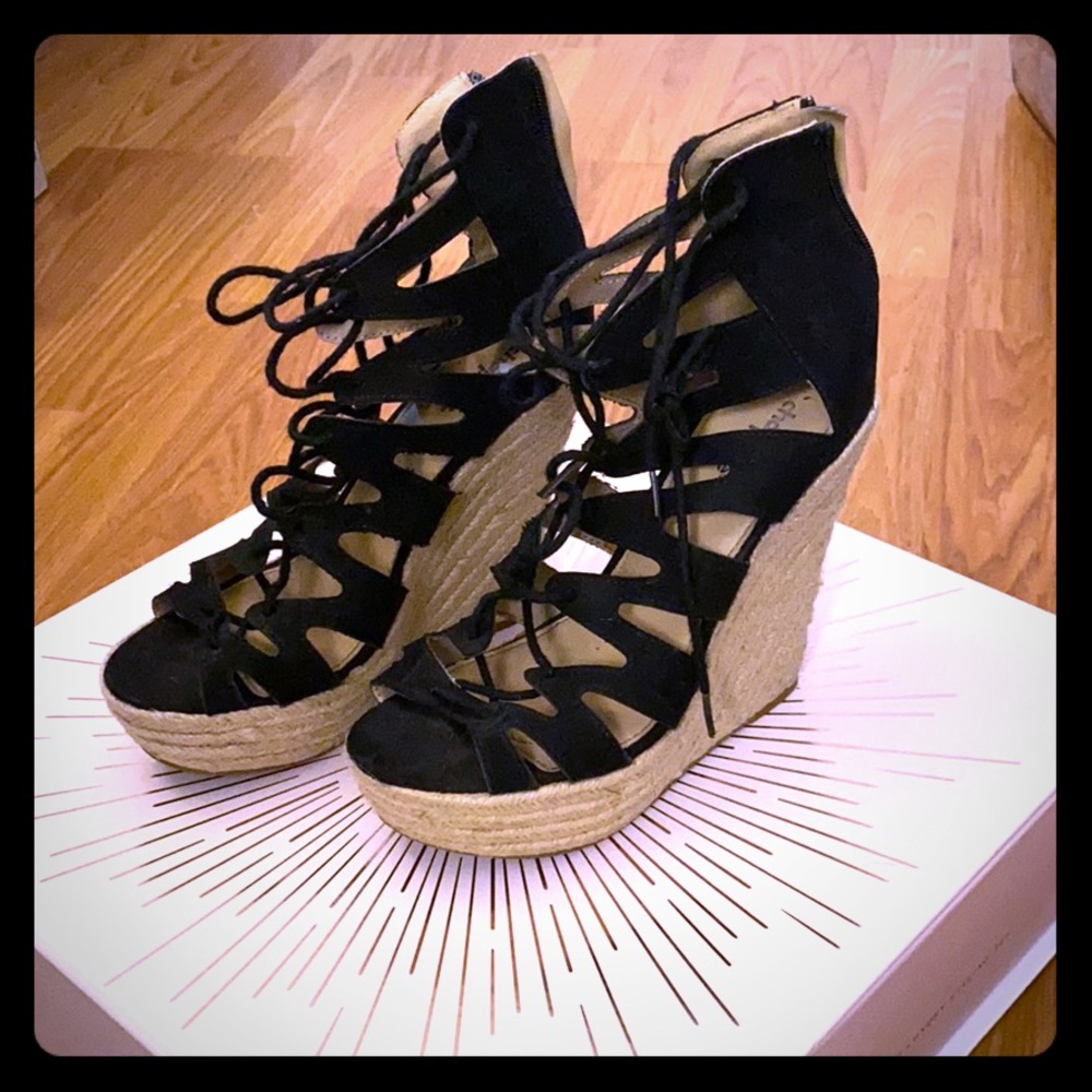 Black lace up wedges